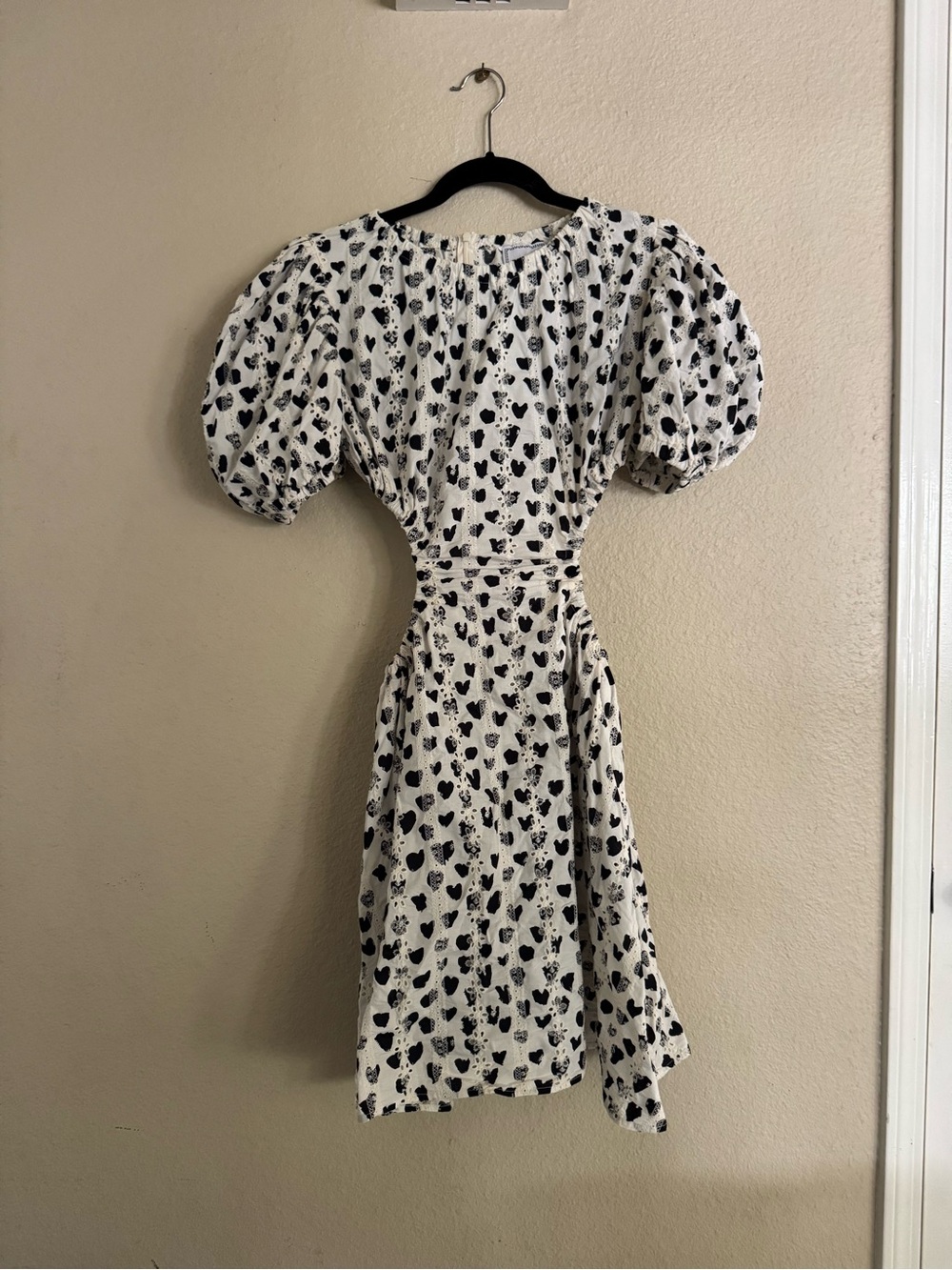 Autumn Adeigbo White Dress with Black Heart Print and Puff Sleeves